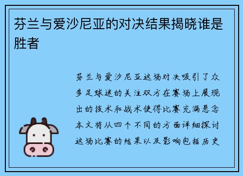 芬兰与爱沙尼亚的对决结果揭晓谁是胜者