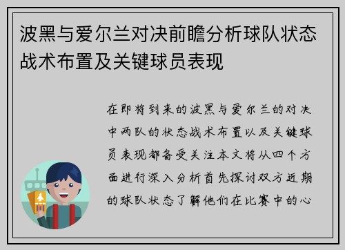 波黑与爱尔兰对决前瞻分析球队状态战术布置及关键球员表现