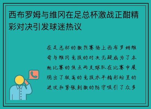 西布罗姆与维冈在足总杯激战正酣精彩对决引发球迷热议