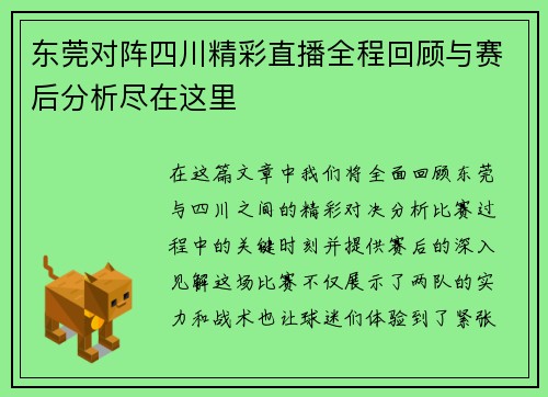 东莞对阵四川精彩直播全程回顾与赛后分析尽在这里