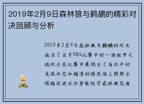 2019年2月9日森林狼与鹈鹕的精彩对决回顾与分析