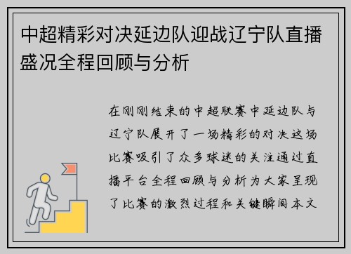 中超精彩对决延边队迎战辽宁队直播盛况全程回顾与分析