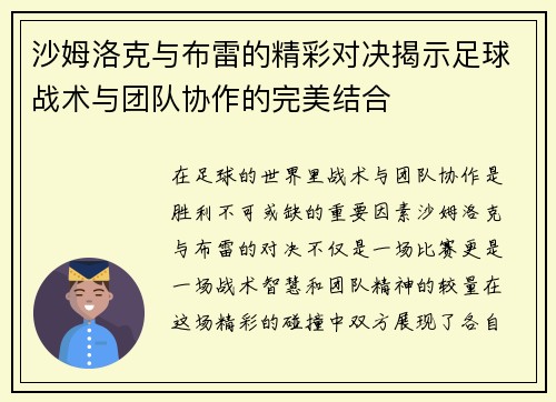 沙姆洛克与布雷的精彩对决揭示足球战术与团队协作的完美结合