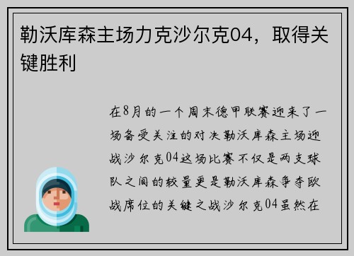 勒沃库森主场力克沙尔克04，取得关键胜利