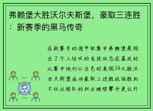 弗赖堡大胜沃尔夫斯堡，豪取三连胜：新赛季的黑马传奇