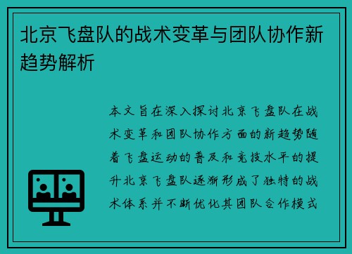 北京飞盘队的战术变革与团队协作新趋势解析