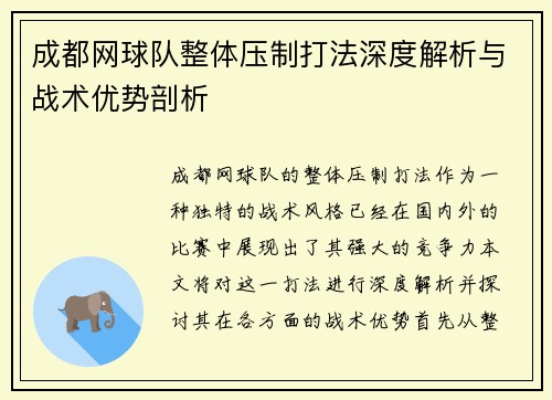 成都网球队整体压制打法深度解析与战术优势剖析