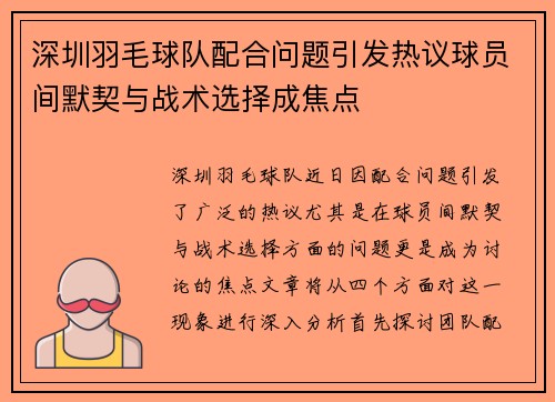 深圳羽毛球队配合问题引发热议球员间默契与战术选择成焦点