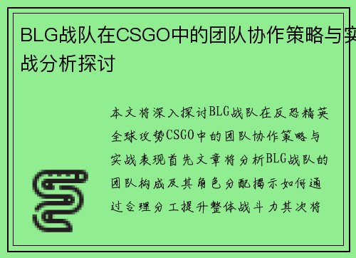 BLG战队在CSGO中的团队协作策略与实战分析探讨