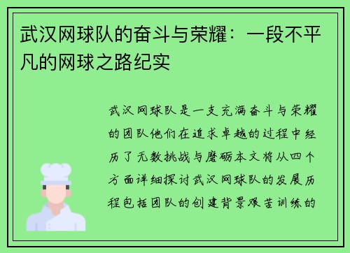 武汉网球队的奋斗与荣耀：一段不平凡的网球之路纪实