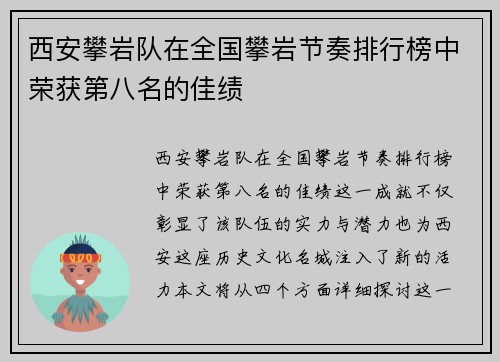 西安攀岩队在全国攀岩节奏排行榜中荣获第八名的佳绩