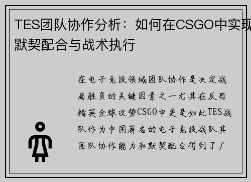 TES团队协作分析：如何在CSGO中实现默契配合与战术执行