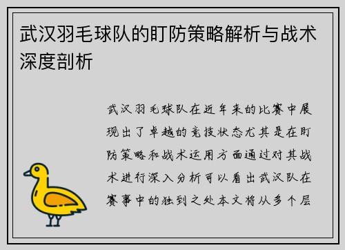 武汉羽毛球队的盯防策略解析与战术深度剖析